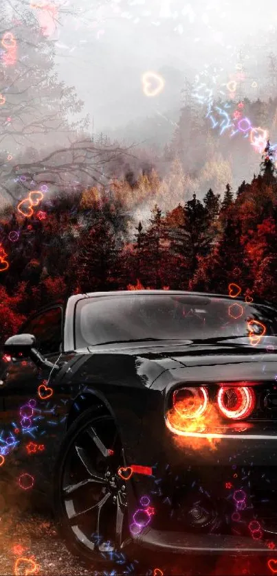 Black Dodge car in autumn forest with red leaves.