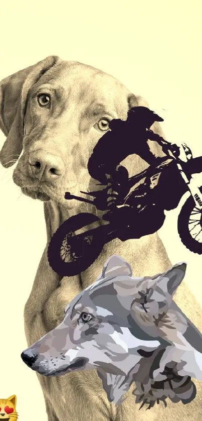 Dog, wolf, and motorbike rider artistic wallpaper with beige background.