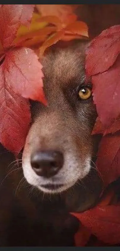 Dog peeking through vibrant red autumn leaves.