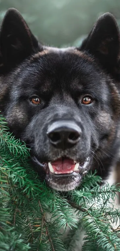 Dog peeking through lush green evergreen branches.