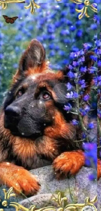 Dog resting among vibrant blue flowers with golden ornament accents.