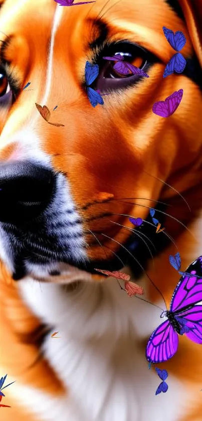 Realistic digital art of a dog with a purple butterfly on its nose.