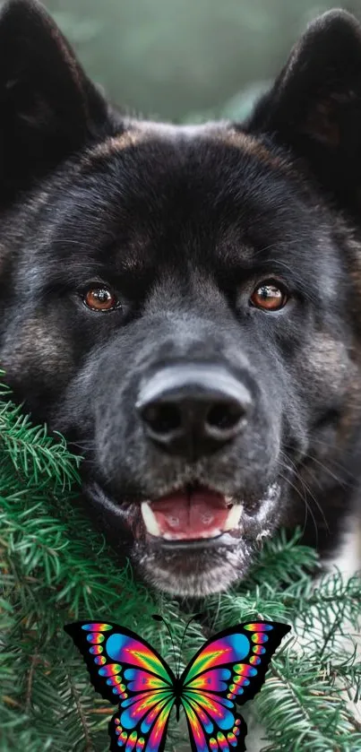 A friendly dog with a vibrant butterfly in a lush green setting.