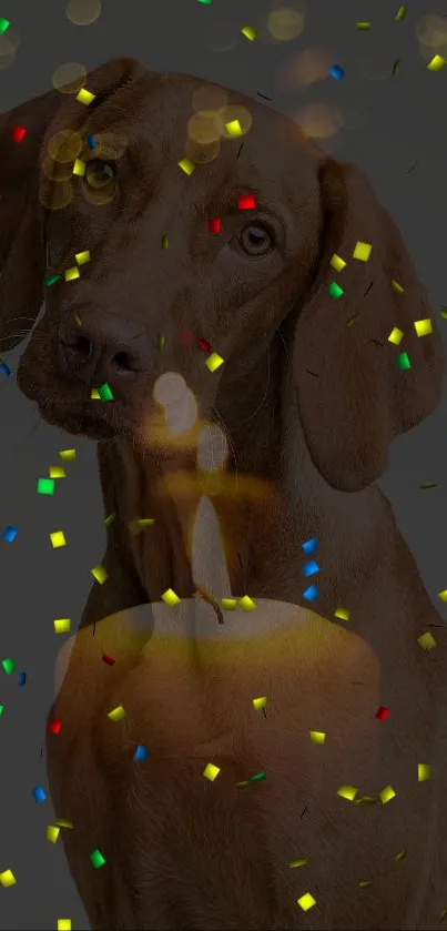 Dog with a glowing candle and colorful confetti background.