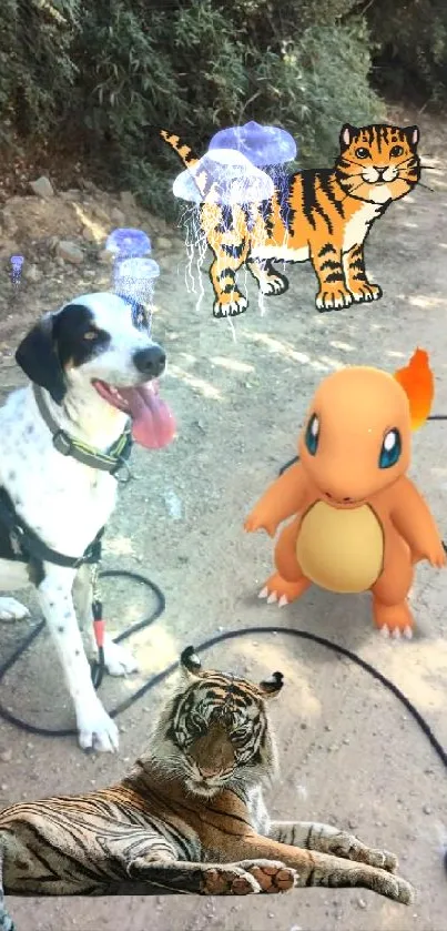 Dog playing with cartoon characters on a forest path.