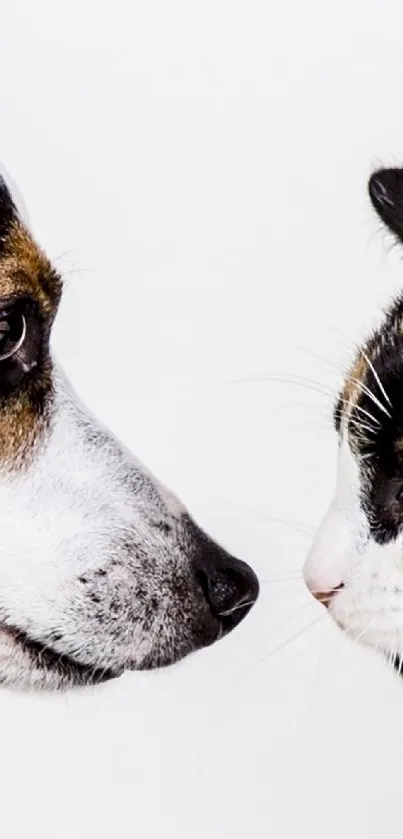 Dog and cat facing each other with white background.