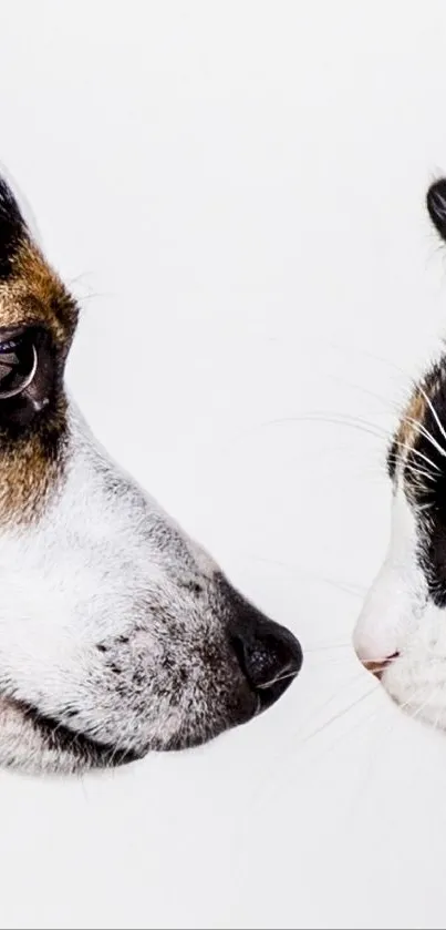 Dog and cat facing off on clean white background.