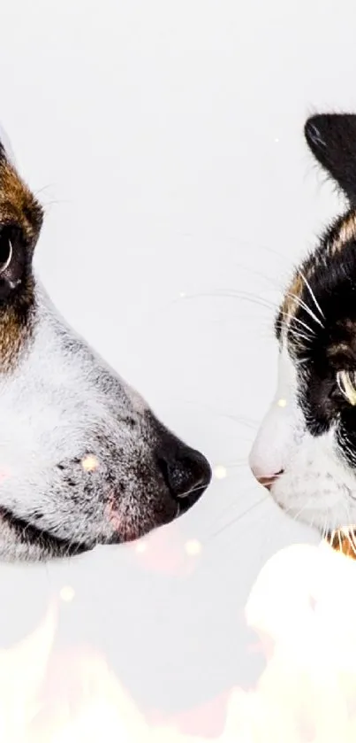 Dog and cat face each other with white background.
