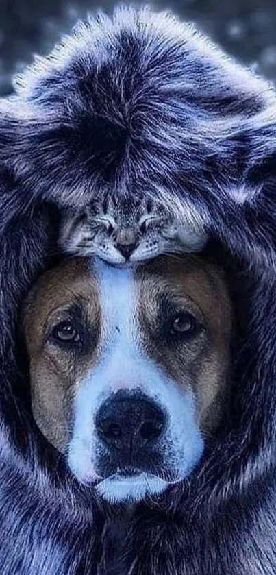 Dog wearing a fluffy hood with a cat on top, creating a cute illusion.