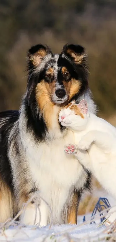 Dog and cat embrace in a frosty winter field.