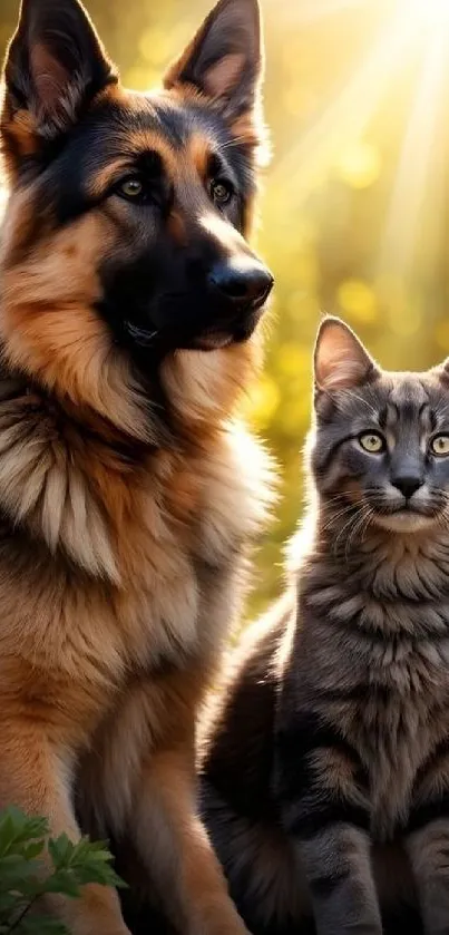 Cute German Shepherd and cat sitting outdoors under sunlight.