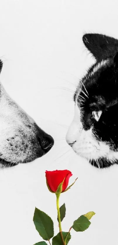 Black and white dog and cat with a red rose between them.