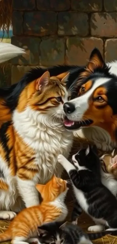 Dog and kittens in a rustic setting with a warm atmosphere.