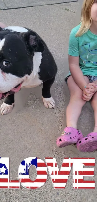 Child and dog enjoying outdoor play with 'Love' text.