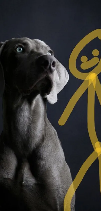 Elegant dog with artistic sketch on dark background.