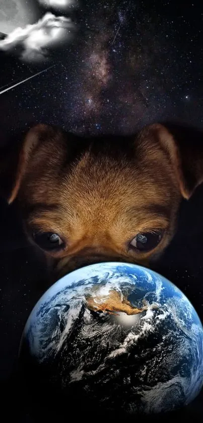 Cute dog gazing at Earth with a cosmic background.