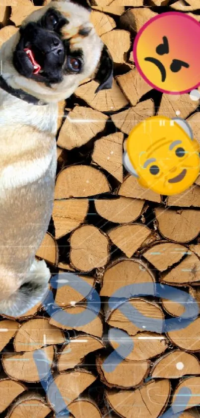 Dog and emojis on a rustic wood background for mobile wallpaper.