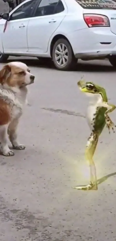 Dog meets animated frog on street in humorous wallpaper.