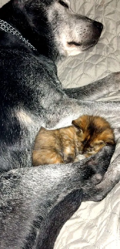 A large black dog and small kitten snuggling on a quilted blanket.
