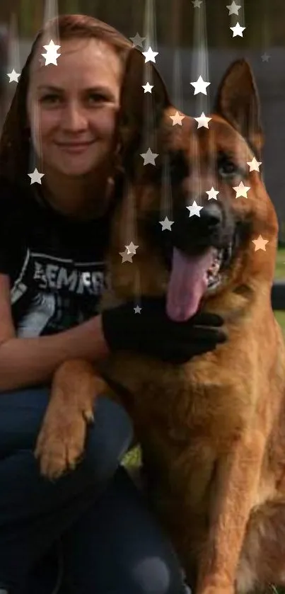 Woman and German Shepherd with starry effect outdoors.