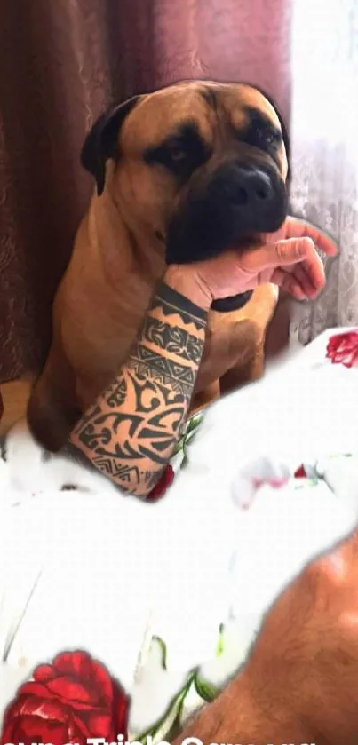 Large dog with tattooed arm in floral setting wallpaper.