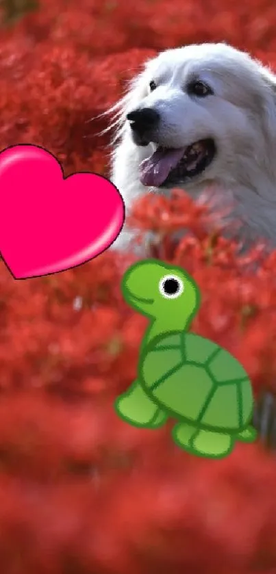 Fluffy dog with turtle in red flower field, split for wallpaper.