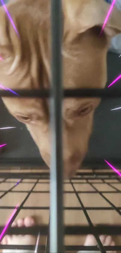 Curious dog peering through bars with pink light accents.