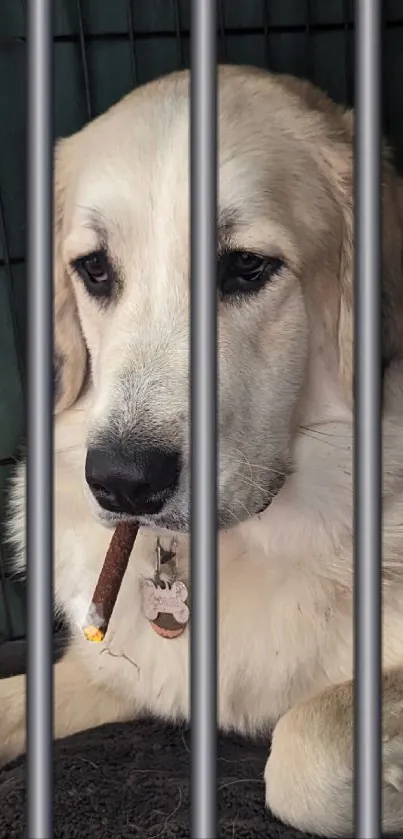 Dog sitting behind bars with a cigar, creative wallpaper.