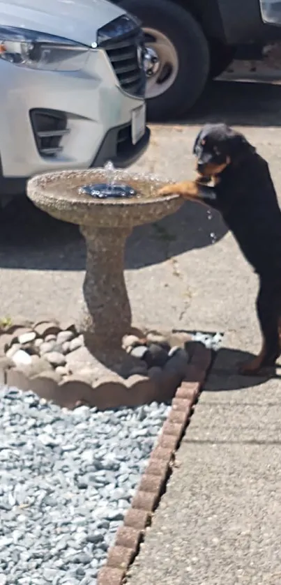 Dog standing by a stone fountain outside.