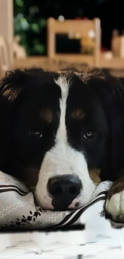 Adorable dog resting on a cushion with a cozy setting.