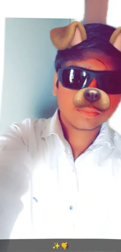 Playful selfie with dog filter and sunglasses in vibrant style.