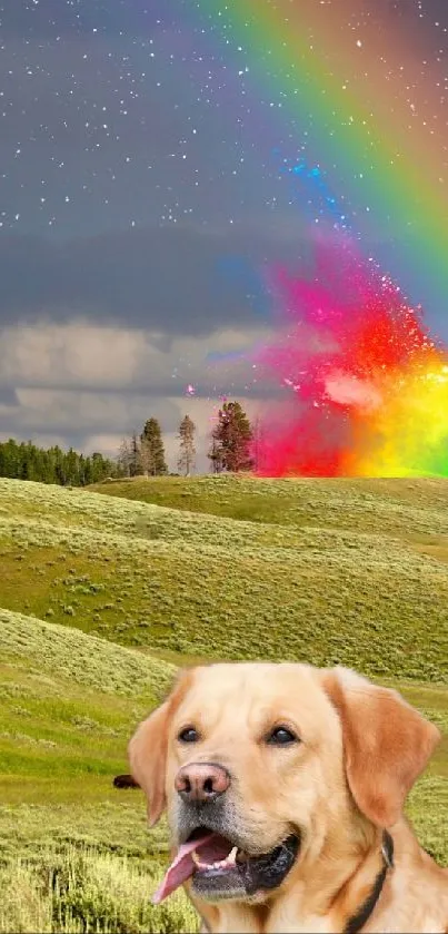 Dog in a vibrant meadow with a rainbow.