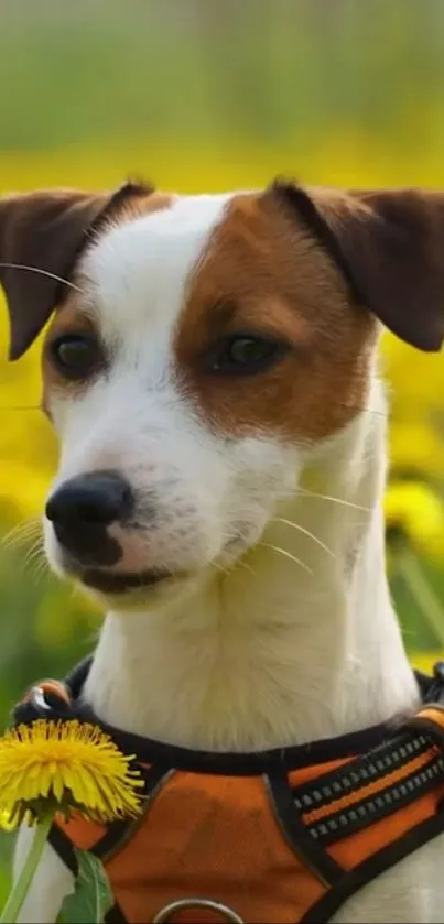 Dog in a field of yellow dandelions with a nature background.