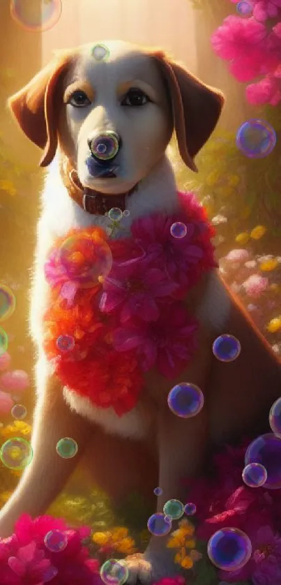 Dog adorned with colorful flowers in a sunlit enchanted garden.