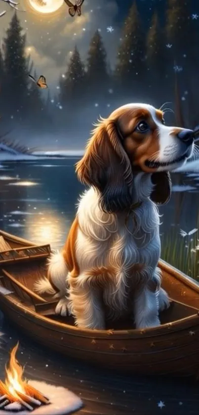 Dog sitting in a moonlit forest, surrounded by fireflies.