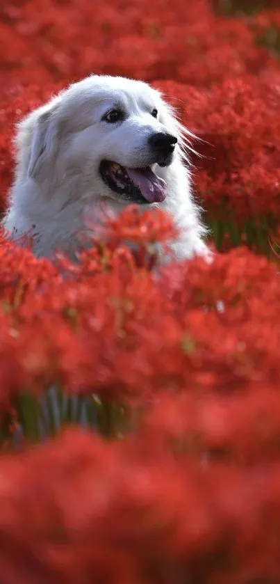 Fluffy white dog in a field of red flowers, exuding calmness and beauty.