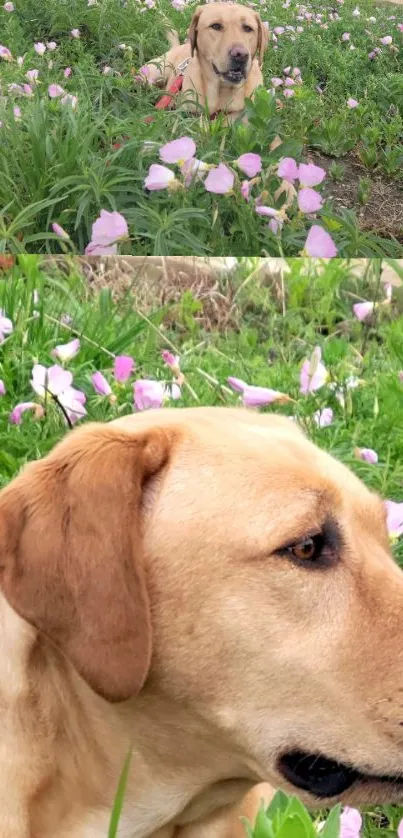 Labrador dog lying in a field of pink flowers and green grass.