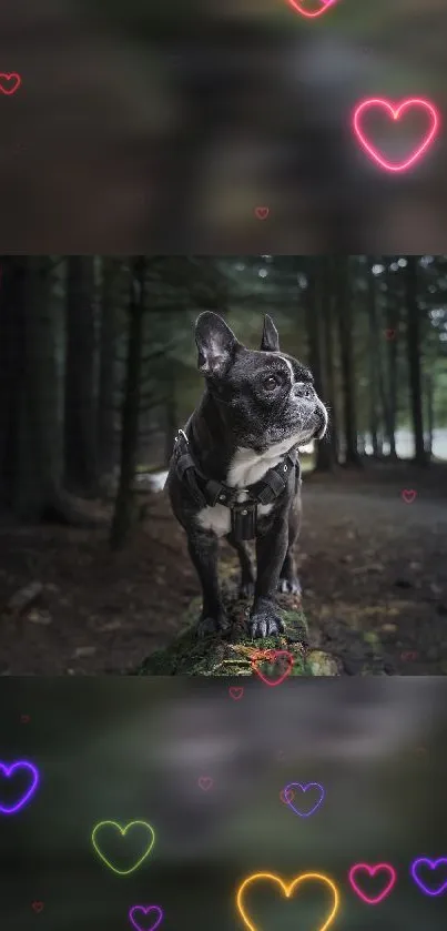 Dog standing in a forest with neon heart lights.