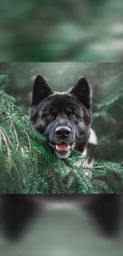 Dog peeking through green forest branches in HD wallpaper.