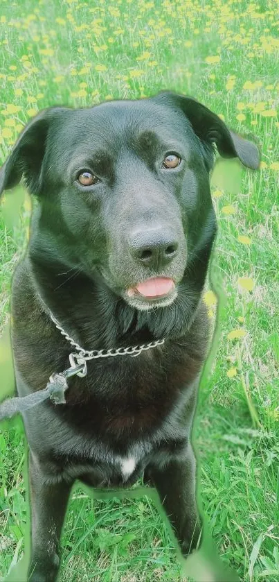 Black dog in a field with yellow flowers, lush green background.