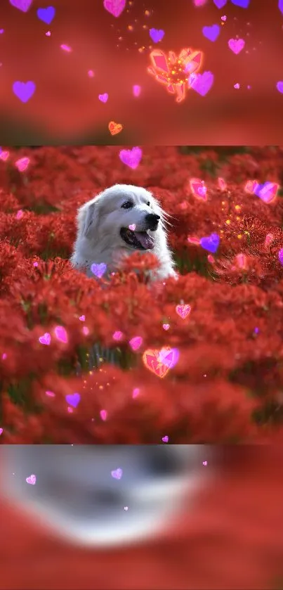 Playful dog amidst red flowers and floating heart icons.