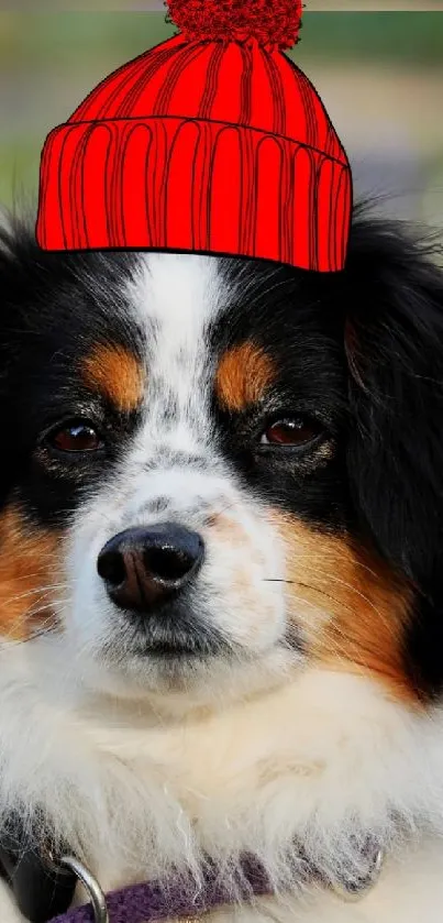Fluffy dog wearing a red beanie in a spring meadow.