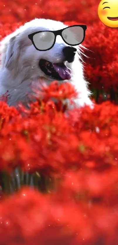 Dog in vibrant red flower field with sunglasses and emoji.