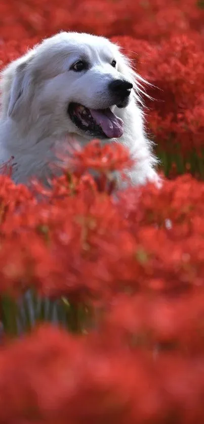 A fluffy white dog in a vibrant red flower field mobile wallpaper.