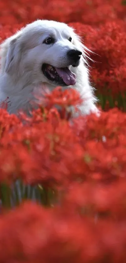 White dog in a field of vibrant red flowers.