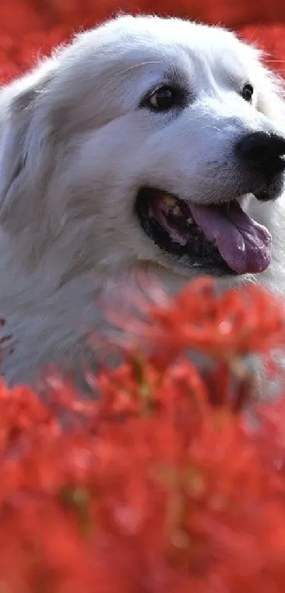 White dog surrounded by vibrant red flowers in a scenic field.