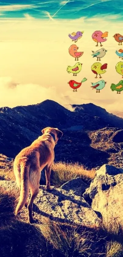 Dog overlooking mountains with vibrant birds and golden sky.