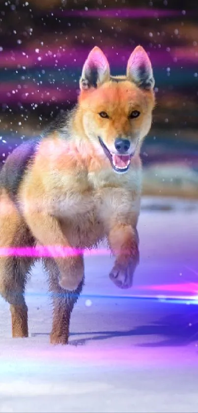 Playful dog on snow with mystical purple light.