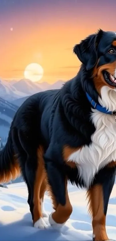 Tricolor dog in snowy mountain landscape at sunset.