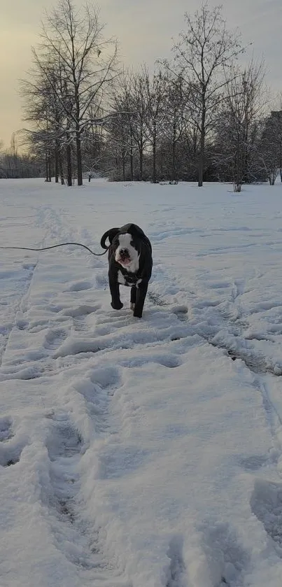 A dog walking through a snowy park, surrounded by bare trees and a serene winter sky.